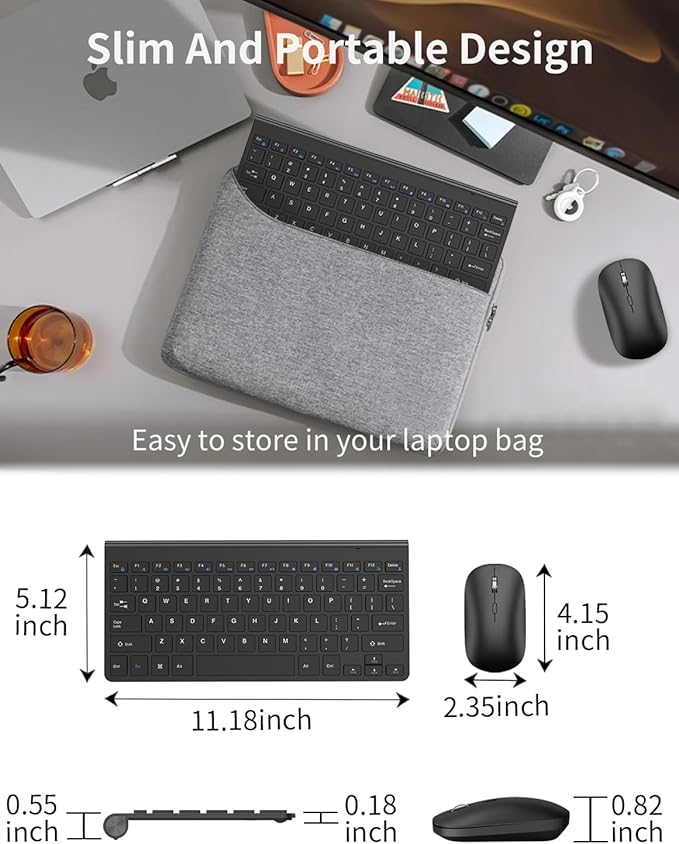 Compact Wireless Keyboard and Mouse Combo, Mini Portable Travel Keyboard and Silent Mouse Set with USB Receiver, Quiet Click, Small Size, Adjustable 2400 DPI for Computer, Laptop, PC, Windows - Black