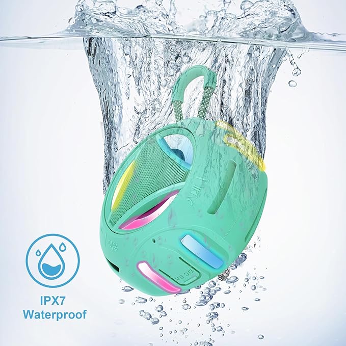 Portable Bluetooth Speaker, IPX7 Waterproof Shower Speaker, Wireless Outdoor Speakers, Floating, Built-in Mic, 24H Playtime with LED Lights, Loud HD Sound, Powerful Bass, Gifts for Unisex - Sky Blue