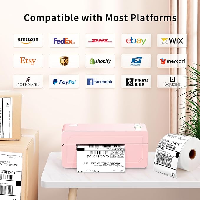 JADENS Bluetooth Thermal Shipping Label Printer – Wireless 4x6 Shipping Label Printer, Compatible with Android, iPhone, Windows & Mac, Widely Used for Ebay, Amazon, Shopify, Etsy, USPS(Pink)