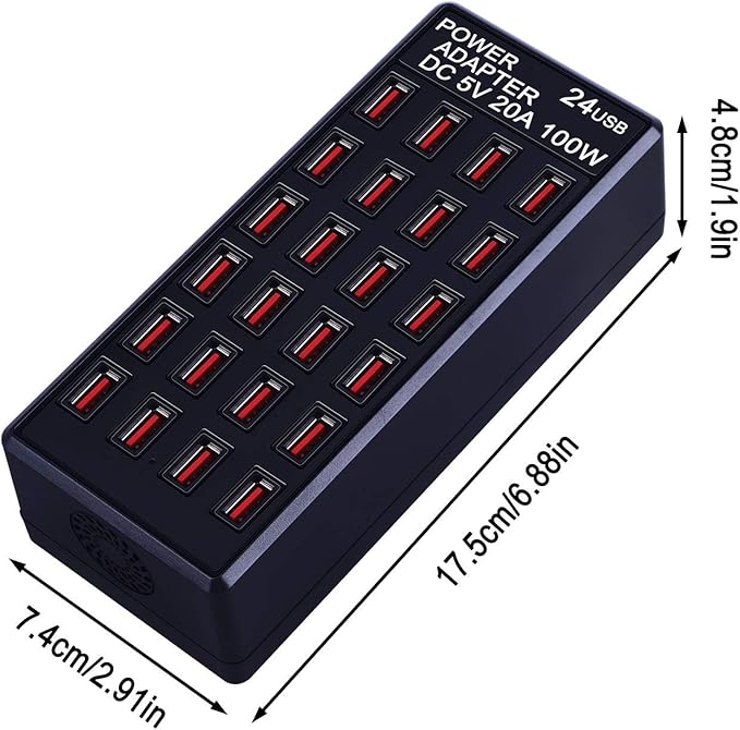 24-Port 100W (20 A) USB Charging Station, Home-Sized Desktop USΒ Fast Charger, Multiple USB Desktop Chargers for Hotels, Schools, Shops, Shopping malls and Travel