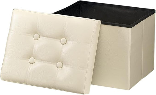 Bsketa Storage Ottoman, Folding Foot Stool with Thicker Foam Padded Seat Small Leather Storage Ottoman Bench Foot Rest for Living Room Foldable Coffee Table 17x13x13in,Beige