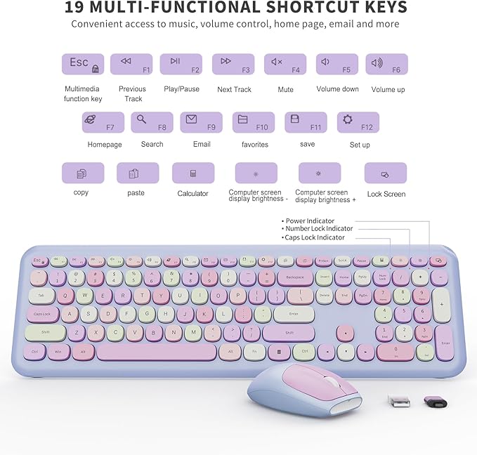 Wireless Keyboard and Mouse Combo, Colorful Ergonomic Full Size Retro Low-Noise Keyboard with Cute keycaps, Compatible with Windows, PC, Perfer for Home and Office Keyboards (Purple)