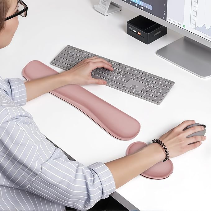 Wrist Rest for Computer Keyboard and Mouse, Ergonomic Design Wrist Support Pad for Keyboard, Soft Memory Foam Desk Pads Support Hand and Arm Easy Typing Pain Relief, 2 Piece Pad, Pink