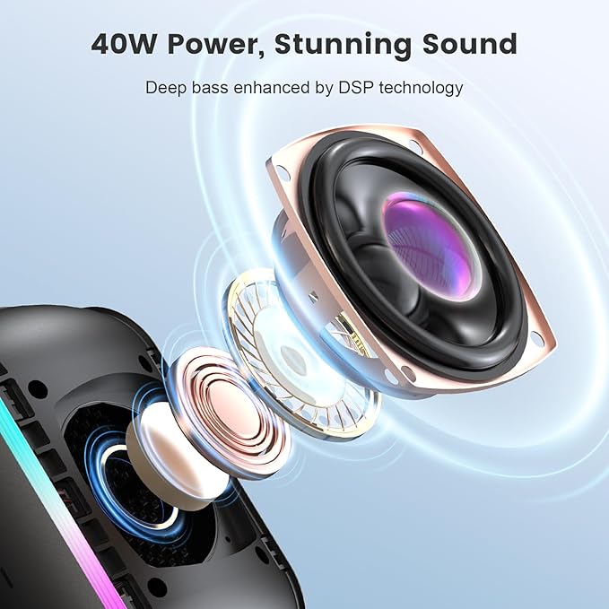 Bluetooth Speaker, 40W Portable Wireless with Stereo Bass, Bluetooth 5.3, IPX6 Waterproof Shower Speakers, LED Lights, TWS Pairing, 12H Playtime for Outdoor Beach Party, Ideal Music Gift