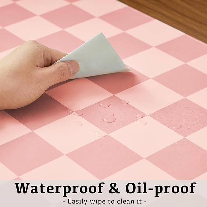 Checkered Desk Mat, 31.5" x 15.7" Large Cute Coral Pink Aesthetic Retro Accessories, PU Leather Computer Laptop Desk Mat, Mouse Keyboard Pad, Desk Writing Makeup Mat for Vanity/Work/Home Decor