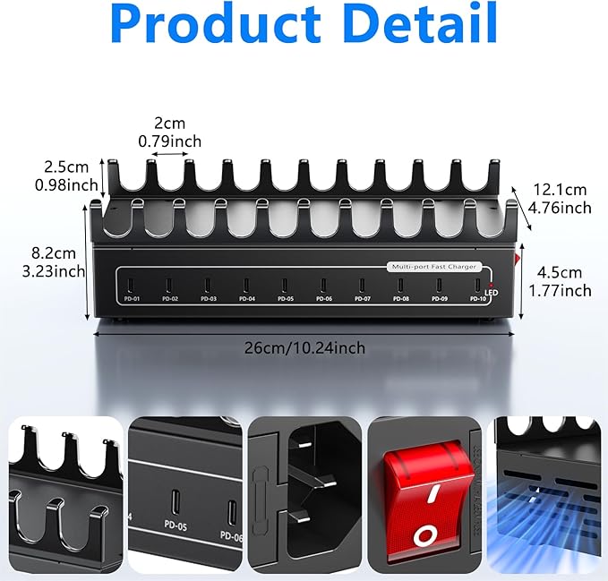 200W Charging Station for Multiple Devices, 10 Ports USB C Fast Charger Station, Desktop Multi-Port Fast Charger with Storage Dividers, Compatible with Cellphone, Kindle, Tablet, iPhone, iPad and More