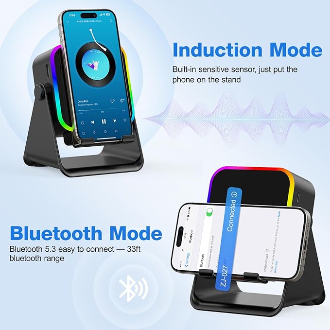TARKARI Wireless Induction Speaker, 5 in 1 Bluetooth Speaker with Phone Stand, Charging Function 360° Rotation Phone Holder Compatible with iPhone Android iPad Samsung, Birthday Gifts for Men Women