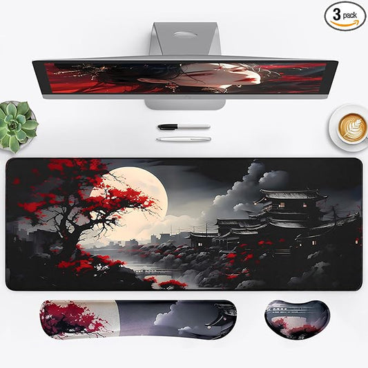 3-in-1 Large Gaming Mouse Pad Set, Anime Mouse Pad with Wrist Rest, Large Mousepads for Keyboard and Mouse with Non-Slip Rubber Base,Suitable for Office,Home,31.5 x 11.8 Inch