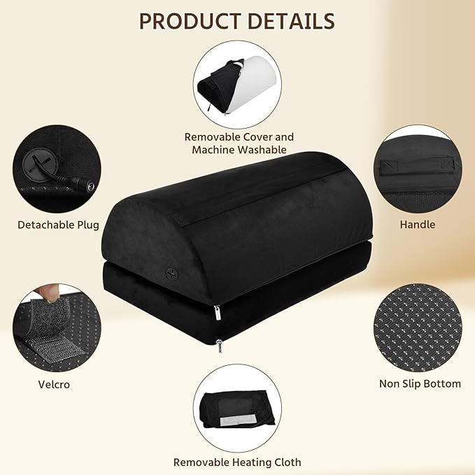 Heated Foot Rest Under Desk at Work, Office Desk Accessories Under Desk Footrest with Adjustable Height and Washable Cover, Removable Heating Accessories Foot Stool with Handle, Black