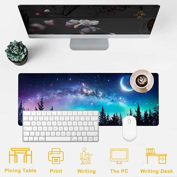 Desk Mat Moon Starry Sky Desk Pad for Keyboard and Mouse, Large Mousepad with Stitched Edges for Work Game Office, 31.5 x 11.8 in