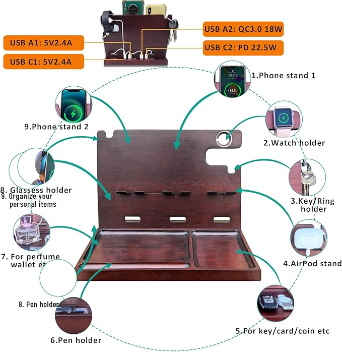Wood Phone Docking Station with 4 USB PD & QC3.0 Fast Charger,Nightstand Organizer for Men, Dual Phone Charging Station for iPhone Samsung Google Android Anniversary Birthday Gifts for Men Him
