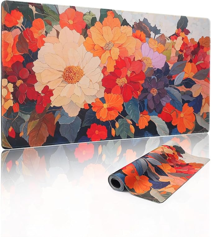 Extended Mouse Pad, Floral Design, 35.4 x 15.7 Inches, Microfiber Cloth Surface, Non-Slip Rubber Base, Rectangular Desk Mat for Gaming and Work