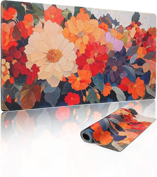 Extended Mouse Pad, Floral Design, 35.4 x 15.7 Inches, Microfiber Cloth Surface, Non-Slip Rubber Base, Rectangular Desk Mat for Gaming and Work