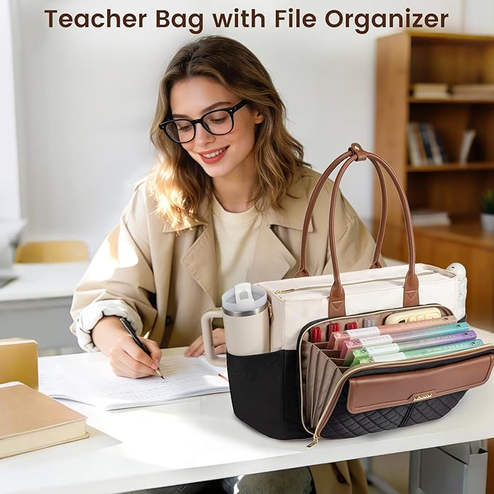 LOVEVOOK Teacher Tote Bag for Women, Laptop Bag Briefcase with Accordion File Pocket, Nurse Handbag for Work, Travel, College | 40oz Cup Holder, Muli-Pockets