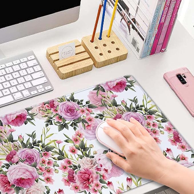Floral Pattern with Roses Desk Mat Pink Large Extended Mouse Pad XL Desk Pad Gaming Mousepad Keyboard Mouse Mat for Computer Laptop 31.5''X11.8'' Non-Slip Rubber Base with Stitched Edges
