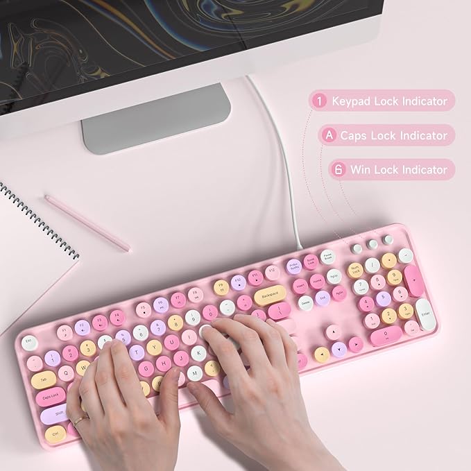 Wired Keyboard, 104 Keys Full-Sized Typewriter Keyboards, USB Plug and Play Office Keyboard with Number Pad, Caps Indicators, Foldable Stands for Windows, PC, Laptop (Pink Colorful)