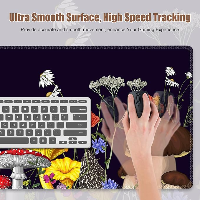 Desk Matt for Desktop, Desk Pad Mat, Mouad Pad for Keyboard and Mouse, XXL Large Mouse Pad for Desktop, Anti-Slip Big Mousepad with Stitched Edges, Mouse Mat for Computer Laptop, Mushroom Wildflower