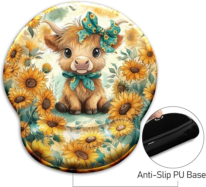 Mouse Pad with Wrist Rest, Highland Cow Sunflower Ergonomic Mousepad Wrist Support for Desk, Cute Bow Animial Gaming Mouse Pads for Wireless Mouse Computer Work Home Desk Accessories Office Supplies