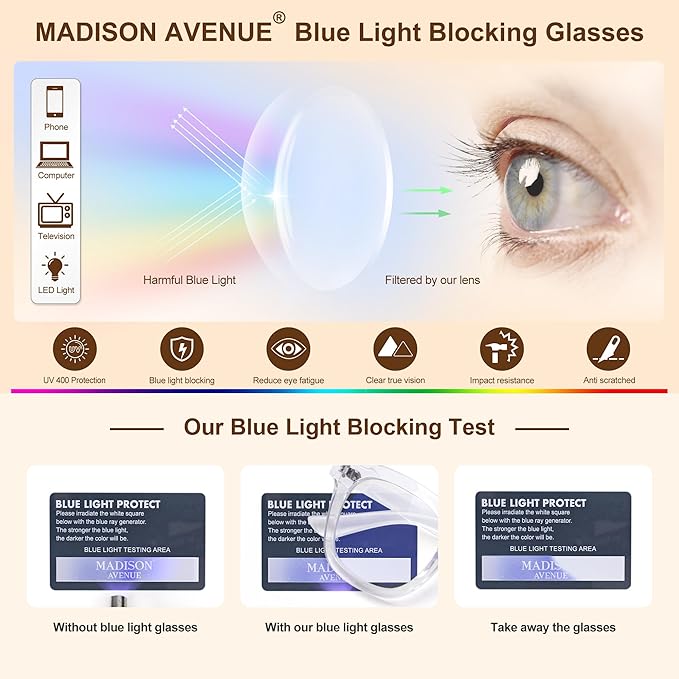 Madison Avenue Blue Light Blocking Glasses Oversized Fashion Blue Light Glasses for Women Anti Eyestrain & UV Protection Computer Eyeglasses (Clear)