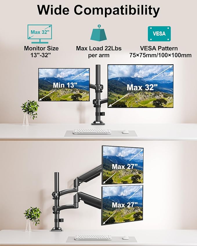 Dual Monitor Stand for 2 Screens up to 32 inch, Vertical Stacked Dual Monitor Mount, Full Motion Adjustable Tall Double Monitor Desk Mount, Each Arm Holds 4.4-22lbs, VESA 75/100mm, Black, Freelift