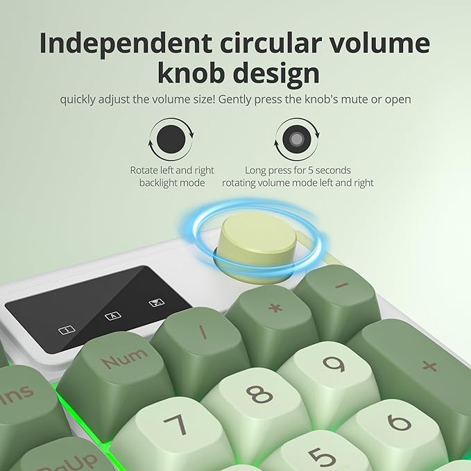 96% Wireless Keyboard with Number Pad and Knob,3-Modes Wired/Bluetooth 5.0/2.4G 98 Keys ABS Ball Caps RGB Quiet Mechanical Feel Membrane Gaming Keyboard for Win/Mac（Matcha）