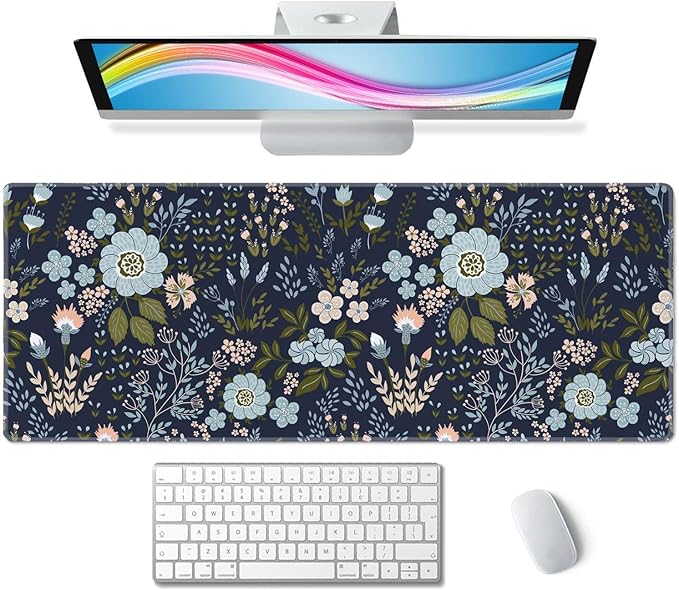 Floral Desk Mat Dark Vintage Aesthetic Desk Pad Flower Plant Blue Extended Mouse Pad Large Gaming Mousepad XL Laptop Computer Mouse Keyboard Mat 31.5 x 11.8 in for Office Desk Decor
