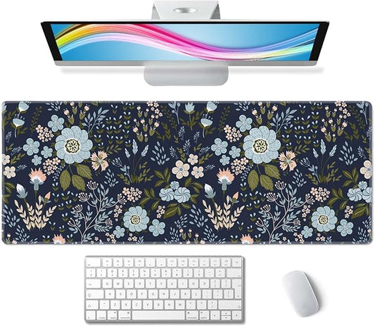 Floral Desk Mat Dark Vintage Aesthetic Desk Pad Flower Plant Blue Extended Mouse Pad Large Gaming Mousepad XL Laptop Computer Mouse Keyboard Mat 31.5 x 11.8 in for Office Desk Decor