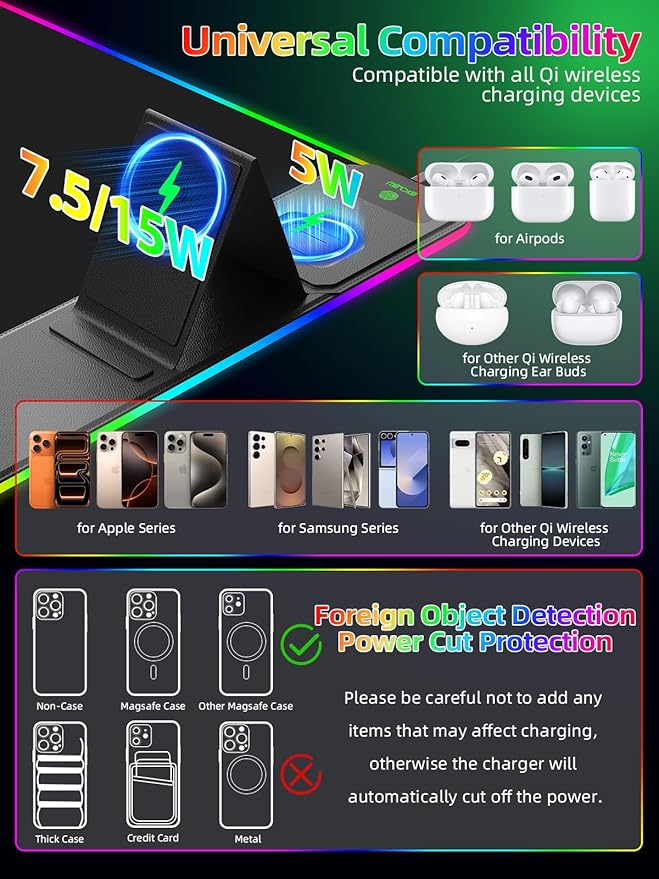 Mouse Pad with Adjustable Phone Stand Dual Wireless Charger, 15W Fast Charging Desk Mat, Extra Large 31.5x15.75 Waterproof Desk Pad for iPhone Samsung Air-Pods, Gaming Mousepad w/ 11&4 RGB