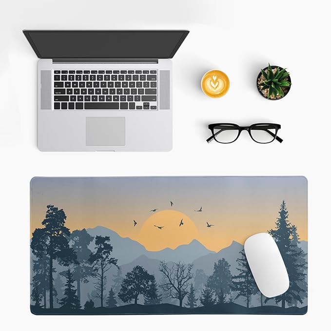Mountain Gaming Mouse Pad 27.6x11.8 Inch Forest Large Mousepad Extended Grey Mousepad Gaming Non-Slip Rubber Base Stitched Edges Keyboard Mouse Mat Desk Pad for Office Home and Game