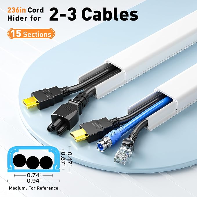 Delamu Cord Hider, 236in Cable Hider, Cord Covers for 2-3 Wires on Wall, Wire Covers for Cords, Wire Hiders for TV on Wall, Easier Setup Cable Cover Cable Management, W0.94 H0.47in,White - Image 2