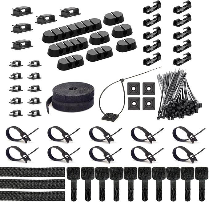 ZIIYAN 163 PCS Cable Management Kit, 3 Wire Organizer Sleeve, 8 Self Adhesive Cable Holder, 25 Cord Clips, 20+2 Roll Reusable Cable Straps and 100 Fastening Cable Ties for Computer TV Under Desk by ZIIYAN