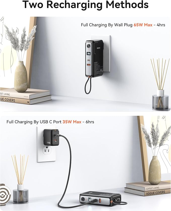 Portable Charger, 10000mAh Power Bank Built in Cable and Wall Plug 65W for Laptop, 3 in 1 Phone Battery Pack 35W Fast Charging, Travel Essentials USB-C Compatible with iPhone 17 16 15 Samsung MacBook