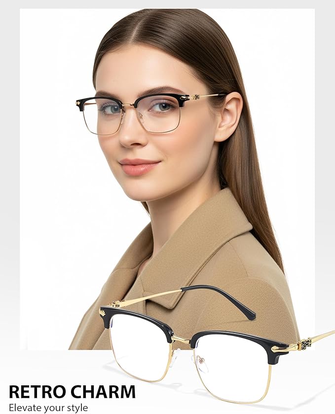 IGnaef Unisex Retro Blue Light Blocking Glasses Trendy Semi-Rimless Anti Eyestrain & UV Glare for Gaming & Reading