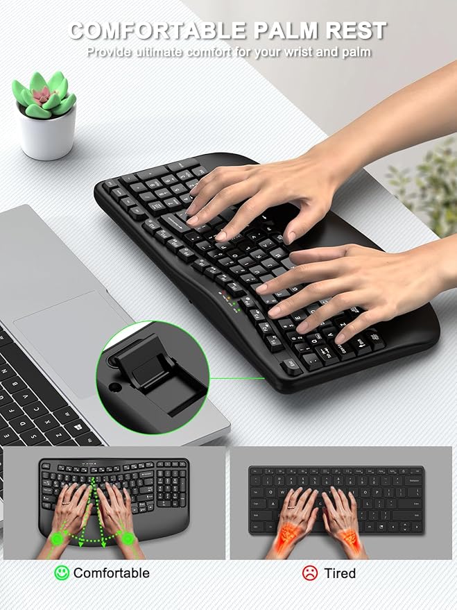 Ergonomic Wireless Keyboard with Wrist Rest, Wave Keys, Comfortable Natural Typing, 2.4GHz Ergo Wireless USB Computer Keyboard for Large Hands, Windows, Mac, Laptop, PC