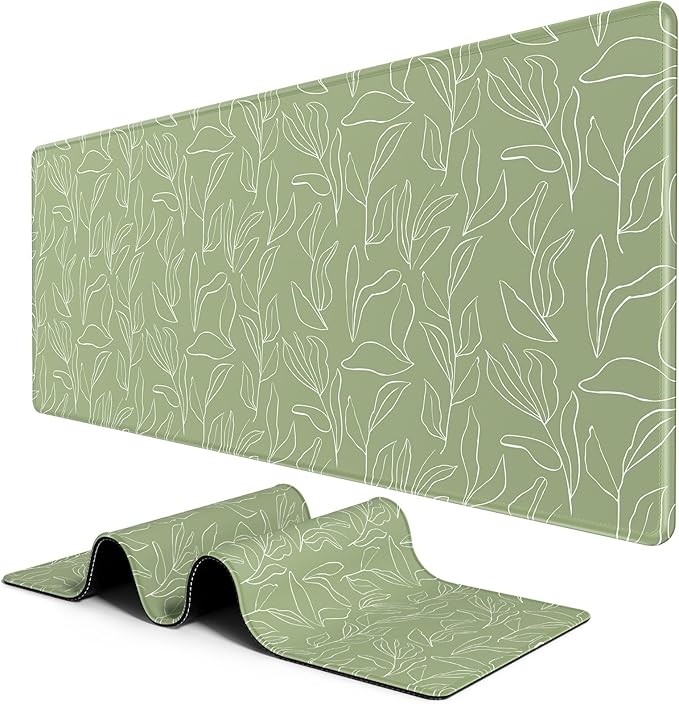 BOSOBO Large Desk Pad - XXL XL Extended Gaming Mouse Pad, Office & Home Mat, Long Keyboard Cover, Desktop Full Cover 31.5 x 11.8 Inches, Minimalist Green Leaf