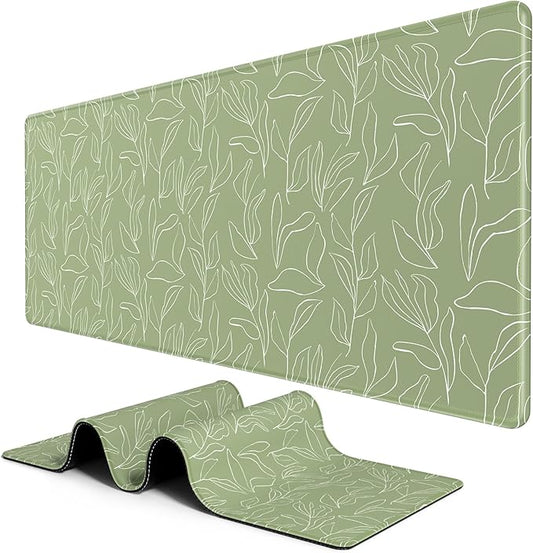 BOSOBO Large Desk Pad - XXL XL Extended Gaming Mouse Pad, Office & Home Mat, Long Keyboard Cover, Desktop Full Cover 31.5 x 11.8 Inches, Minimalist Green Leaf