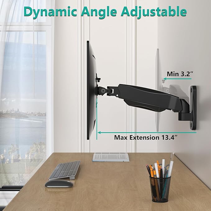 WALI Monitor Wall Mount 27+ inch, Wall Mount Monitor Arm Fits 1 Screen up to 32 inch, Single Monitors Mount Holds up to 19.8lbs, Monitors Arm Max Extension 13.4 inch,(GSWM001S), Black