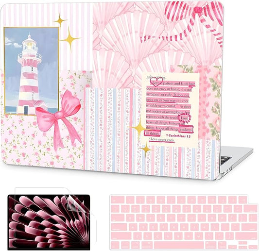 G JGOO Compatible with MacBook Air 13 inch Case 2026 2025-2022 M5 A3449 M4 A3240 M3 A3113 M2 A2681, Hard Shell for MacBook Air 13.6 inch Case + Keyboard Cover +Screen Protector, Pink Lighthouse