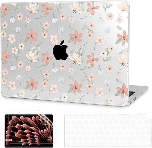 G JGOO Compatible with MacBook Air 13 inch Case 2026 2025-2022 M5 A3449 M4 A3240 M3 A3113 M2 A2681, Clear Hard Shell for MacBook Air 13.6 inch Case +Keyboard Cover+Screen Protector, Pink Floret
