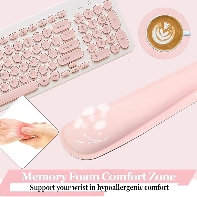 BamLue Upgrade Silky and Superfine Fabric Keyboard Wrist Rest, Gel Mouse Wrist Pillow Pad Set for Easy Typing & Pain Relief for Laptop, Office & Home, Ergonomic Sets for Keyboard-Pink