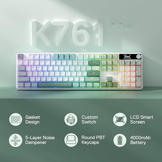 Redragon K761 Wireless Gasket Gaming Keyboard w/Hype Screen & Knob, 104 Keys Mechanical Keyboard, Easy-Control 1.26’’ TFT Info Display, 5-Layer Noise Dampening, Custom Linear Switch, Jade Cloud Color