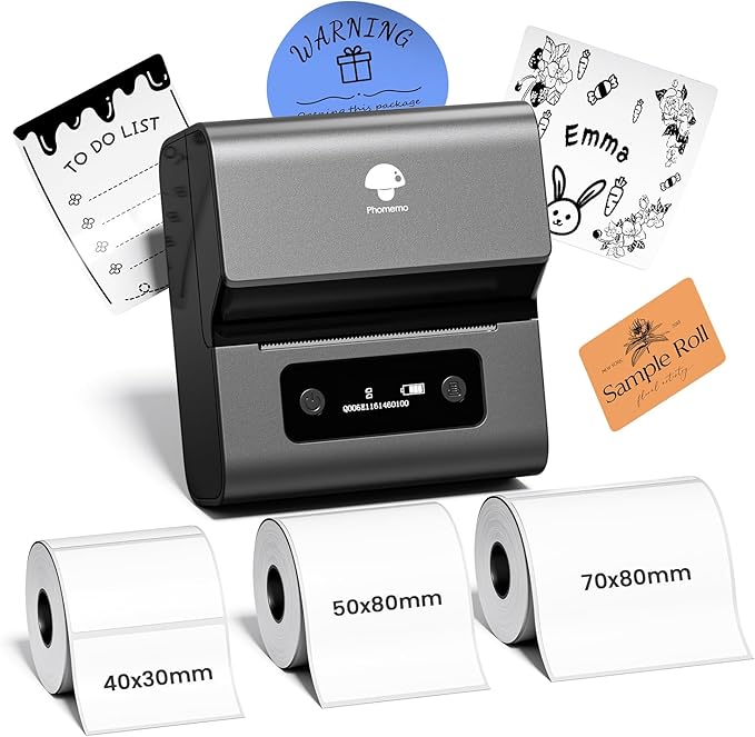 Phomemo M221 Label Maker Machine with 3 Tapes, 3 Inch Bluetooth Thermal No Ink Label Maker for Address, Barcode, Small Business, Home for Phone/PC, Space Gray, with 430 Pieces Labels