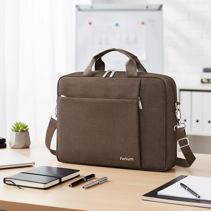 Ferkurn Laptop Bag Case for Women Men Computer Bag Compatible with HP Envy Pavilion Omen/LG Gram/MSI/Dell Inspiron XPS/Lenovo/Acer, Shoulder Strap Carrying Messenger Briefcase, Brown, 17 17.3 Inch