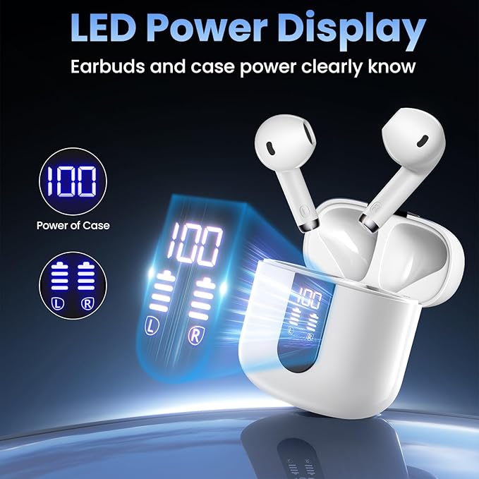 Wireless Earbuds, Bluetooth Headphones with Deep Bass Stereo, 48H Playback Ear Buds with LED Power Display, Lightweight, IPX7, in-Ear Earphones with Mic for iPhone/Android/iPad, White
