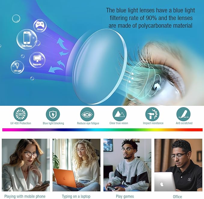 Blue Light Glasses Men and Woman, 99% Blue Light Blocking Glasses for Computer Gaming TV Phone Screen Half Frame