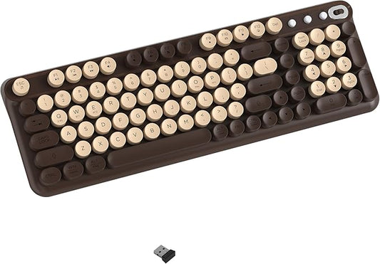 Wireless Bluetooth Keyboard - Full Size Retro Round Typewriter Style Wireless Keyboard with 2.4GHz & Bluetooth Dual-Mode Compatibility for PC, Laptop, Windows, Mac, and More (Coffee)