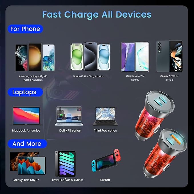 2-Pack 90W USB C Super Fast Car Charger, Dual-Port [PD/PPS 45W & QC 45W] Car Cigarette Lighter USB Charger Adaper for Samsung Galaxy S25 Ultra/S25+/S24 Ultra/S23+, Note 20/10,Tab S9, iPhone 15(Orange)