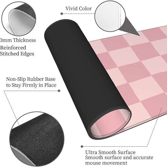 Pink Checkered Gaming Mouse Pad Desk Mat for Home and Office, Large Mousepad Extended Keyboard Pad Stitched Edge Accessories Decor