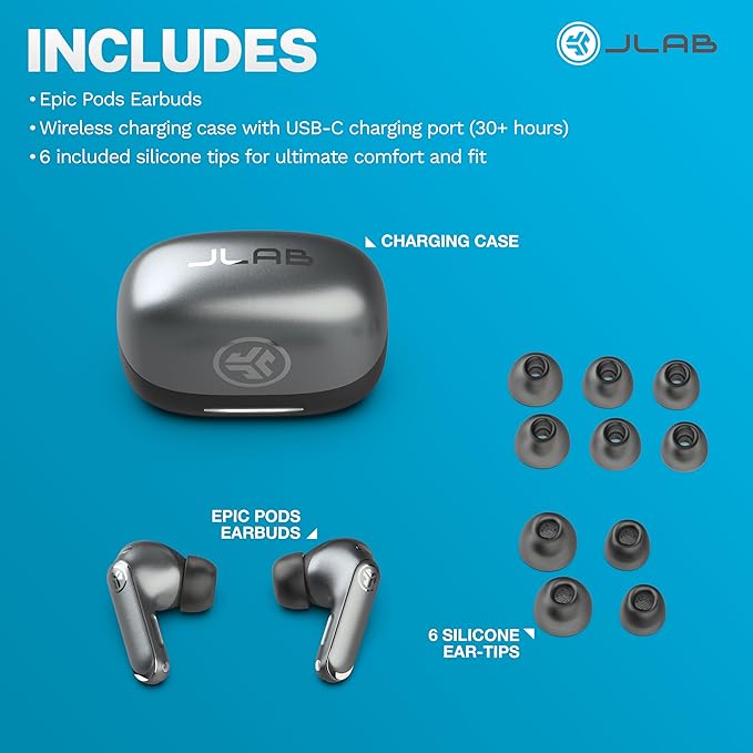 JLab Epic Pods ANC True Wireless Bluetooth Earbuds, Hybrid Dual Driver System, Knowles Balanced Armature, Adaptive Noise Canceling, 56+ Hours Playtime, Custom Sound via App, Wireless Charging, Black