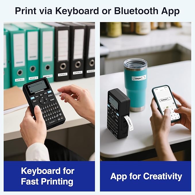 SUPVAN E11 Bluetooth Label Maker Machine with 4 Tapes, Support Keyboard & App with 30+ Fonts and 660+ Icons, Rechargeable Inkless Labeler for Home, Kitchen, Office, School, Organization, Black